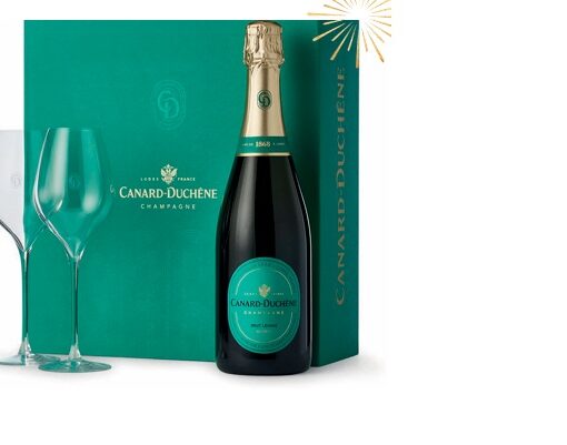 Kerstwijnpakket 5-26, Champagne Canard Duchène Brut in luxe kerst giftbox met 2 glazen